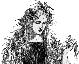 A print of Ophelia giving out flowers after descending into madness.