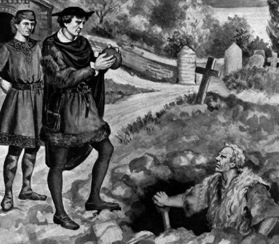 An image of Hamlet and Horatio by Ophelia's grave.