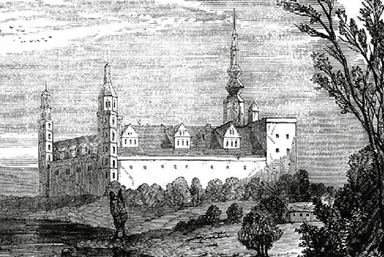 A drawing of 18th Century Kronborg Castle in Helsingør, Denmark. Immortalized as Elsinore in William Shakespeare’s play, Hamlet. 